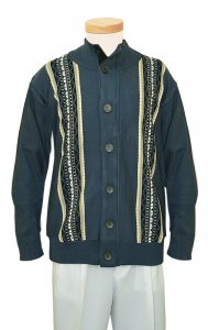 SilverSilk Steel Blue / Black / Cream Knitted Front Button Stripes Sweater Jacket With Elbow Patches 5957
