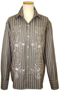 Manzini Light Taupe With Taupe Stripes And Champagne Embroidered Design High-Collar Long Sleeves 100% Cotton Shirt With French Cuffs MZ-79