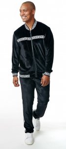 Stacy Adams Black / White Greek Key Cotton Velour Modern Fit Tracksuit Outfit 2570