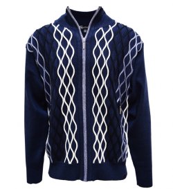 Silversilk Navy / White Woven Zip-Up Knitted Sweater With Elbow Patches 1210