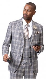 E. J. Samuel Grey Plaid Classic Fit Vested Suit M2736.