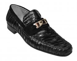 Mauri 3983 Black Genuine Karung Lizard Skin Plaited / Suede Loafer Shoes With Mauri Bracelet On Front