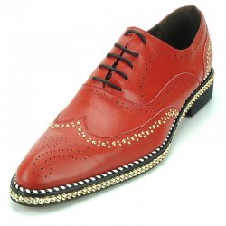 Fiesso Red Leather Lace-Up Shoes With Silver Sole Bracelet / Studs FI7201