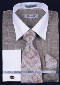 Fratello Brown Check Two Tone Shirt / Tie / Hanky Set With Free Cufflinks FRV4121P2