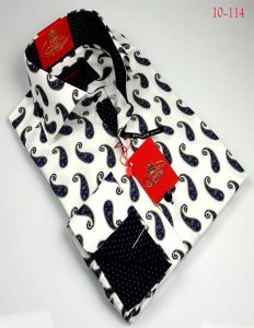 Axxess White / Navy Handpick Stitching Paisley Design 100% Cotton Dress Shirt 10-114