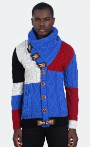 LCR Royal Blue / Red / Multicolor Modern Fit Wool Shawl Collar Cardigan Sweater 6810