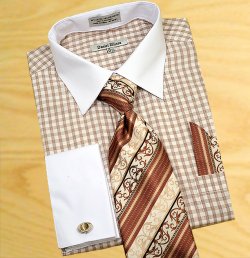 Daniel Ellissa Taupe / White Plaid Shirt / Tie / Hanky Set With Free Cufflinks DS3762P2