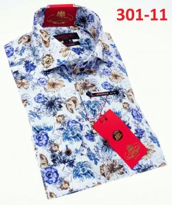 Axxess White / Blue / Bronze Floral Design Modern Fit Cotton Dress Shirt 301-11.