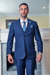 Statement Sapphire Blue / White Windowpane Super 150's Wool Vested Modern Fit Suit STZV-800