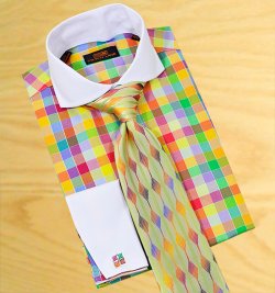 Steven Land Rainbow Colors 100% Cotton Dress Shirt With White Spread Collar / White French Cuffs