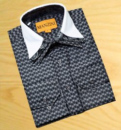 Manzini Black Jaquard With Black/ Grey/ White Paisley Triple Layered High Collar 100% Cotton Dress Shirt V2