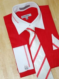 Daniel Ellissa Red/White With Embroidered Design Shirt/Tie/Hanky Set DS3736P2