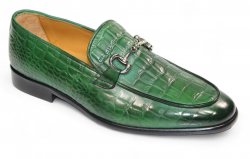 Duca Di Matiste "Vasto" Green Genuine Italian Calf Leather Crocodile Print Loafers.