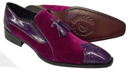 Duca 0240 Purple / Dark Fuchsia Cashmere Velvet / Polished Calfskin Loafers W/ Tassels
