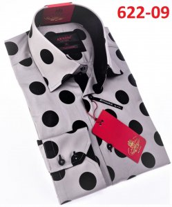 Axxess White / Black Polka Dots Design Cotton Flower Design Modern Fit Dress Shirt With Button Cuff 622-09.