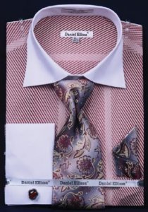 Daniel Ellissa Pink Two Tone Stripes Design Shirt / Tie / Hanky Set With Free Cufflinks DS3770P2.
