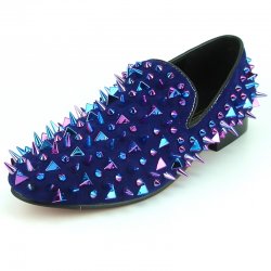 Fiesso Navy Suede Leather Loafers With Multi Spikes FI7239.