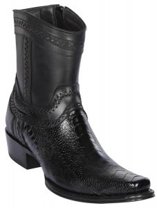 Los Altos Black Genuine Ostrich Leg European Square Toe Low Shaftt Cowboy Boots 76B0505