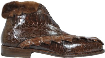 Mauri brown ostrich and Hornback crocodile boots with mink fur lining 
