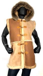 G-Gator Camel / Brown Genuine Sheepskin Shearling Vest With Fox Fur Hood / Toggles Сlasp 4905.