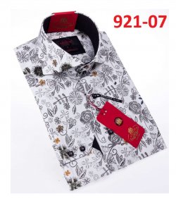 Axxess White/ Black Flower Design Cotton Modern Fit Dress Shirt With Button Cuff 921-07.