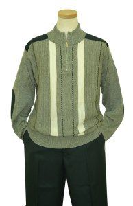 Stacy Adams Sage Green / Teal Green / Off White Woven Zipper Front Pull Over Knitted Sweater Outfit With Teal Green Elbow Patches 8334