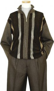 Michael Irvin Olive Green / Dark Brown / Ice Zip-Up Mark Net Knitted Sweater 5240