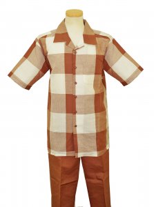 Bagazio Tan / Ivory Modern Checker Design Cotton Blend Short Sleeves 2 Piece Outfit BM1603