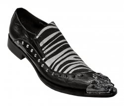 Fiesso Black Lurex / Silver Grey Lurex Zebra Print Genuine Leather Loafer Shoes With Silver Metal Lion Tip And Silver Metal Studs FI6908