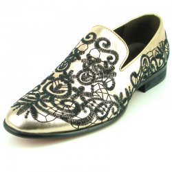 Fiesso Gold Genuine Leather With Black Embroidery Slip On FI7358.