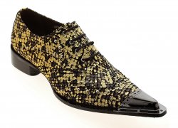 Zota Metallic Gold Floral / Black Snake Print Genuine Leather Lace-Up Shoes With Gunmetal Tip G908-34
