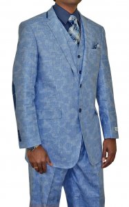 Silversilk Slate Blue / White Woven Abstract Design Coated Linen Casual Vested Suit With Navy Microsuede Elbow Patches 7223JVP