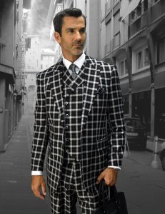 Statement "Naples" Black / Silver / Orange Plaid Super 150's Wool Vested Wide Leg Suit