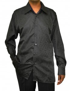 Bagazio Black Embroidered Paisley Design Microfiber Casual Long Sleeves Shirt With With Matching Pocket Square BM1196