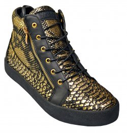 Fiesso Black / Gold Metallic Python Print PU Leather High Top Lace-Up Sneakers FI2272