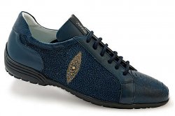 Mauri "Deep Blue" 8527 Wonder Blue Genuine Hand-Painted Stingray / Ostrich Leg / Pebble Grain Calfskin Sneakers