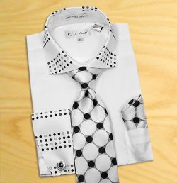 Karl Knox White / Black Polka Dots Design Shirt / Tie / Hanky Set With Free Cufflinks DOT-5