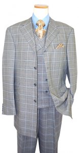 Steve Harvey Collection Black/White Houndstooth With Sky Blue/Cognac Windowpane Super 120's Merino Wool Vested Suit