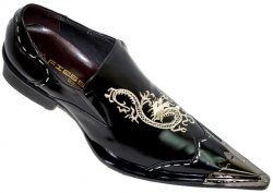 Fiesso Black / Tan Dragon Design Wingtip Style Pointed Toe Leather Shoes With Metal Tip And White Stitching - FI6388