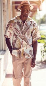 Montique Taupe / Rust / Wheat / Bone Palm Leaf Design 2 Piece Short Sleeve Outfit # 619