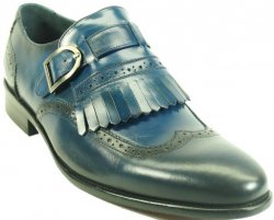 Carrucci Blue Genuine Burnished Calfskin Leather Wingtip Removable Kiltie Monk Strap Shoes KS886-24.