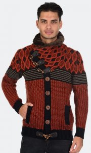LCR Rust / Navy Modern Fit Wool Vegan Fur Shawl Collar Cardigan Sweater 12060