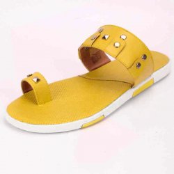 Fiesso Yellow / Gold Studded PU Leather Open Toe Slide-In Sandals FI2319.