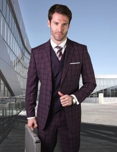 Statement "Georgio" Plum / Eggplant / Black Plaid Super 150's Wool Vested Modern Fit Suit 30273-3