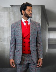 Statement "Benson" Red / Black / White Cashmere Wool Vested Modern Fit Suit