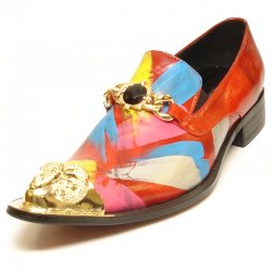 Fiesso Red / Multicolor Hand Painted Lurex Genuine Leather Slip On Shoes With Bracelet / Metal Toe FI6950.