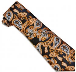 Verse 9 Collection Navy Blue / Orange Paisley Design 100% Woven Silk Necktie/Hanky Set V908