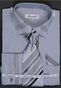 Fratello Silver Houndstooth Patch Shirt / Tie / Hanky Set With Free Cufflinks FRV4109P2