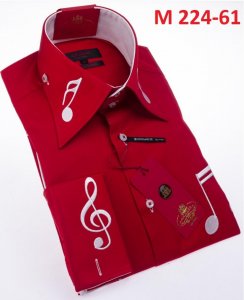 Axxess Red / White Music Note Embroidered Cotton Modern Fit Dress Shirt With French Cuff M224-61.