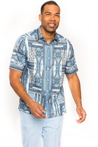 Prestige Blue / Navy / Light Blue / White Abstract Design Short Sleeve Outfit PM-637